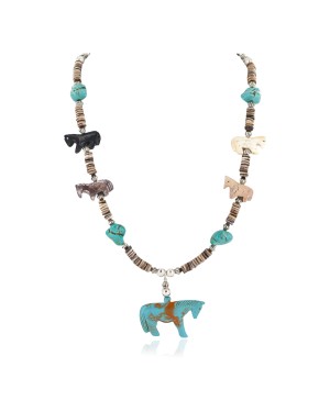 Carved Fetish Horse .925 Sterling Silver Certified Authentic Navajo Natural Jasper Bone Graduated Melon Shell Native American Necklace 18266