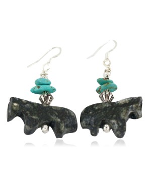 Carved Fetish Horse .925 Sterling Silver Hooks Certified Authentic Navajo Natural Turquoise Jasper Native American Earrings 18268