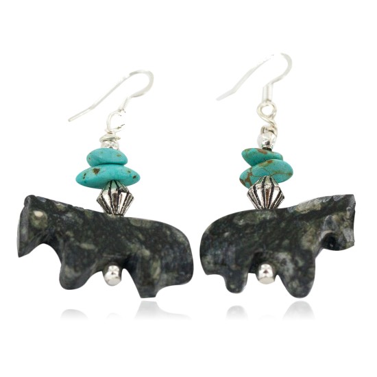 Carved Fetish Horse .925 Sterling Silver Hooks Certified Authentic Navajo Natural Turquoise Jasper Native American Earrings 18268