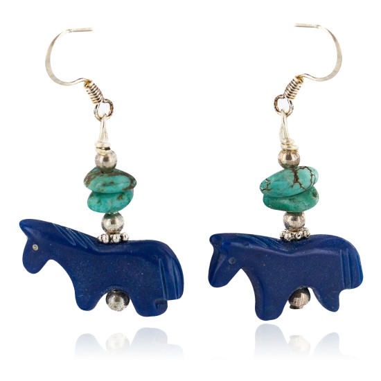 Carved Fetish Horse .925 Sterling Silver Hooks Certified Authentic Navajo Natural Turquoise Native American Dangle Earrings 18291-3