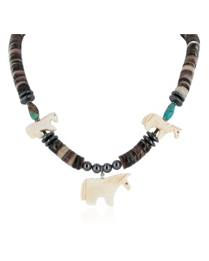 Carved Horse Certified Authentic Navajo .925 Sterling Silver Graduated Melon Shell and Turquoise Native American Necklace 750155