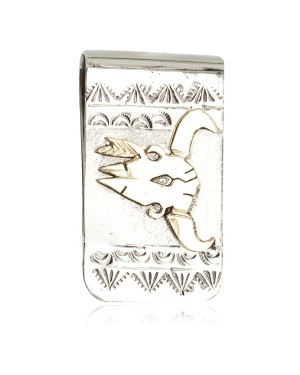 Certified Authentic 12kt Gold Filled and .925 Sterling Silver Bull Skull Handmade Navajo Native American Money Clip 11254