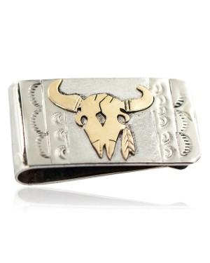Certified Authentic 12kt Gold Filled and .925 Sterling Silver Bull Skull Handmade Navajo Native American Money Clip 11265