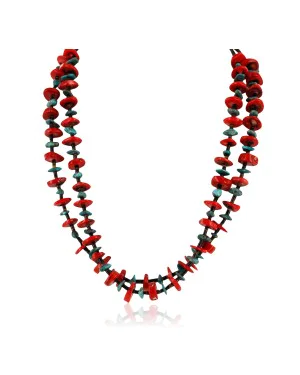 2 Strand Navajo .925 Sterling Silver Natural Turquoise and Coral Native American Necklace 750175