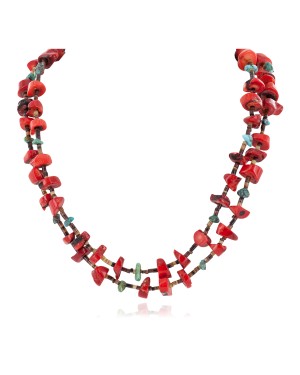 Certified Authentic 2 Strand Navajo .925 Sterling Silver Natural Turquoise Coral Native American Necklace 16054-3
