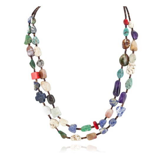 Certified Authentic 2 Strand Navajo .925 Sterling Silver Natural Turquoise Multicolor Native American Necklace 25263