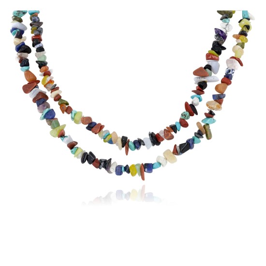 Certified Authentic 2 Strand Navajo .925 Sterling Silver Natural Turquoise Multicolor Stones Native American Necklace 15501-34