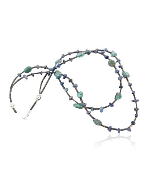Certified Authentic 2 Strand Navajo .925 Sterling Silver Stormy Mtn Turquoise Lapis 5853 Native American Necklace 370907252108