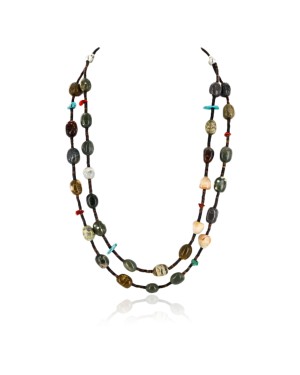 Certified Authentic 2 Strand Navajo .925 Sterling Silver Turquoise Agate and Coral Native American Necklace 25246-2
