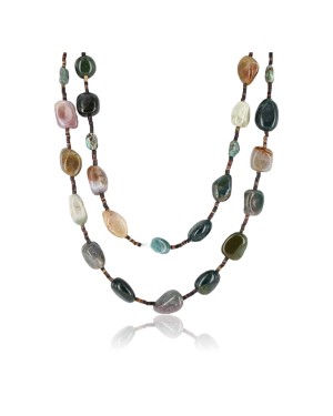 Certified Authentic 2 Strand Navajo .925 Sterling Silver Turquoise and Agate Native American Necklace 15554-3