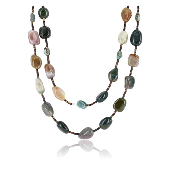 Certified Authentic 2 Strand Navajo .925 Sterling Silver Turquoise and Agate Native American Necklace 15554-3