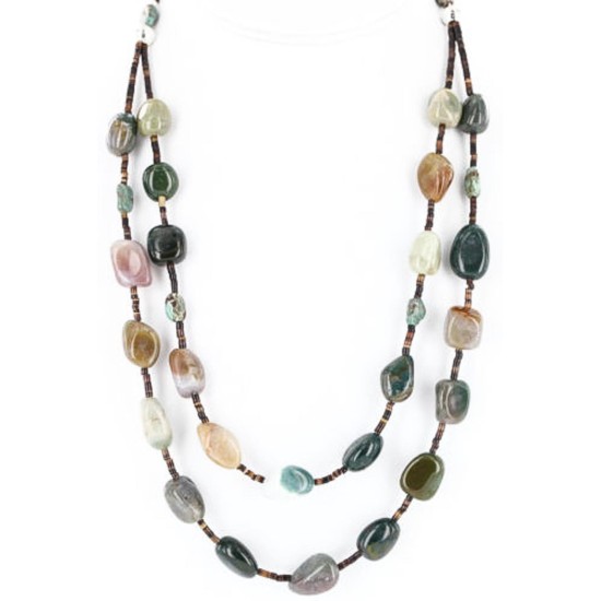 Certified Authentic 2 Strand Navajo .925 Sterling Silver Turquoise and Agate Native American Necklace 15554-3