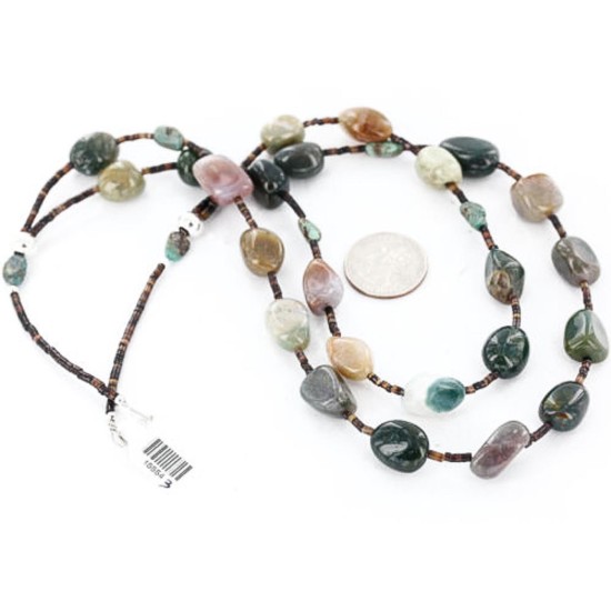Certified Authentic 2 Strand Navajo .925 Sterling Silver Turquoise and Agate Native American Necklace 15554-3