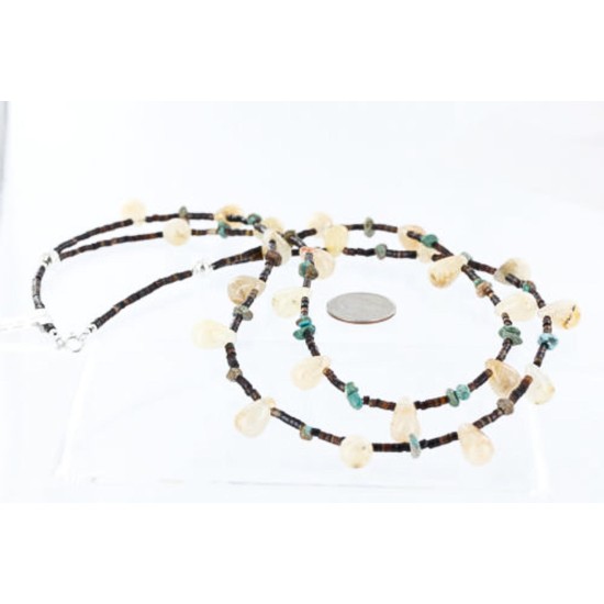 Certified Authentic 2 Strand Navajo .925 Sterling Silver Turquoise and Agate Native American Necklace 15835-11
