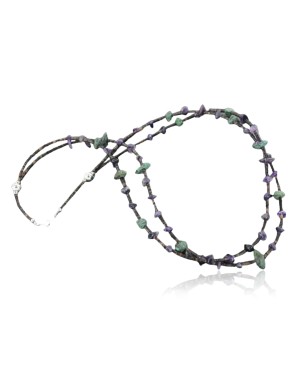 Certified Authentic 2 Strand Navajo .925 Sterling Silver Turquoise and Amethyst Native American Necklace 15585-37