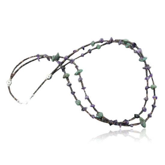 Certified Authentic 2 Strand Navajo .925 Sterling Silver Turquoise and Amethyst Native American Necklace 15585-37