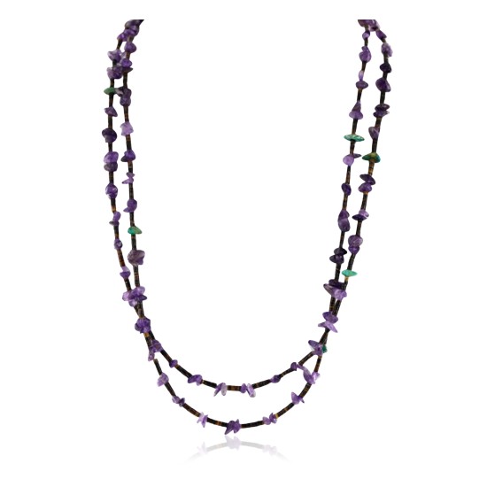 Certified Authentic 2 Strand Navajo .925 Sterling Silver Turquoise and AMETHYST Native American Necklace 16011