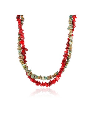 Certified Authentic 2 Strand Navajo .925 Sterling Silver Turquoise and Coral Native American Necklace 15554-31