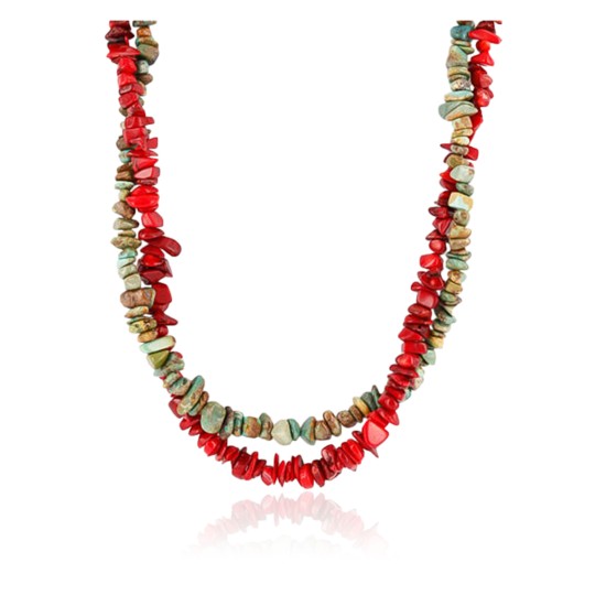Certified Authentic 2 Strand Navajo .925 Sterling Silver Turquoise and Coral Native American Necklace 15554-31