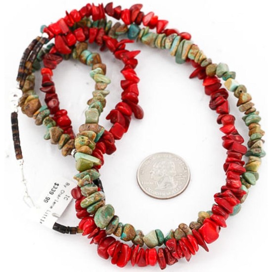 Certified Authentic 2 Strand Navajo .925 Sterling Silver Turquoise and Coral Native American Necklace 15554-31
