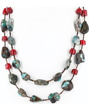 Certified Authentic 2 Strand Navajo .925 Sterling Silver Turquoise and Coral Native American Necklace 371013671980