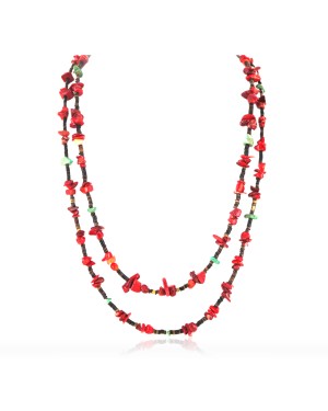 Certified Authentic 2 Strand Navajo .925 Sterling Silver Turquoise and Coral Native American Necklace 750161