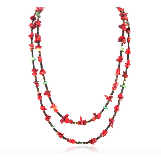 Certified Authentic 2 Strand Navajo .925 Sterling Silver Turquoise and Coral Native American Necklace 750161