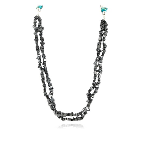 Certified Authentic 2 Strand Navajo .925 Sterling Silver Turquoise and Hematite Native American Necklace 16008