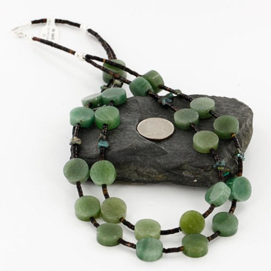 Certified Authentic 2 Strand Navajo .925 Sterling Silver Turquoise and Jade Native American Necklace 15501-181