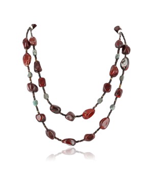 Certified Authentic 2 Strand Navajo .925 Sterling Silver Turquoise and Jasper Native American Necklace 15554-1