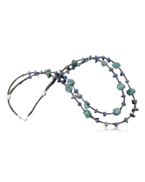 Certified Authentic 2 Strand Navajo .925 Sterling Silver Turquoise and Lapis Neckalce Native American Necklace 15585-2