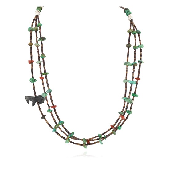 Certified Authentic 3 Strand Horse Navajo .925 Sterling Silver Natural Turquoise Jasper Jet Native American Necklace 1531