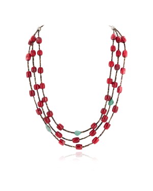 Certified Authentic 3 Strand Navajo .925 Sterling Silver Coral and Natural Turquoise Native American Necklace 15774-3