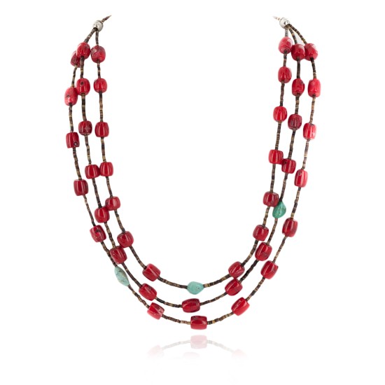Certified Authentic 3 Strand Navajo .925 Sterling Silver Coral and Natural Turquoise Native American Necklace 15774-3