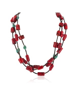 Certified Authentic 3 Strand Navajo .925 Sterling Silver Coral and Natural Turquoise Native American Necklace 25336