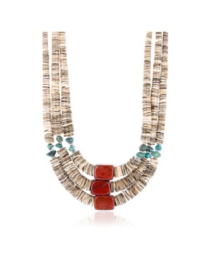 Certified Authentic 3 Strand Navajo .925 Sterling Silver Graduated Heishi and TURQUOISE Native American Necklace 390772850306