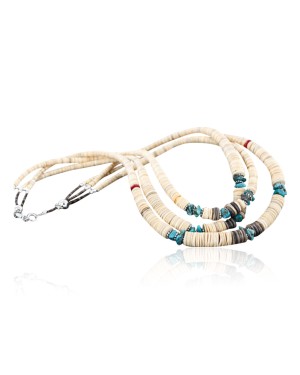 Certified Authentic 3 Strand Navajo .925 Sterling Silver Graduated Melon Shell and Turquoise Native American Necklace 370982426357