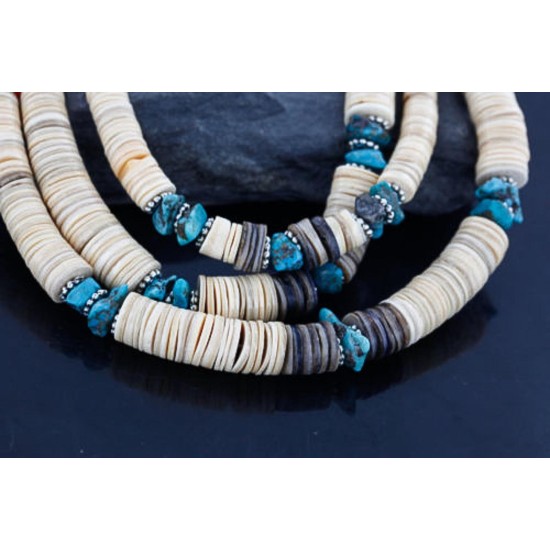 Certified Authentic 3 Strand Navajo .925 Sterling Silver Graduated Melon Shell and Turquoise Native American Necklace 370982426357