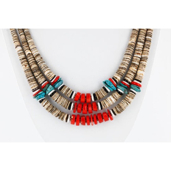 Certified Authentic 3 Strand Navajo .925 Sterling Silver Graduated Melon Shell, Turquoise and Coral Native American Necklace 371065952489