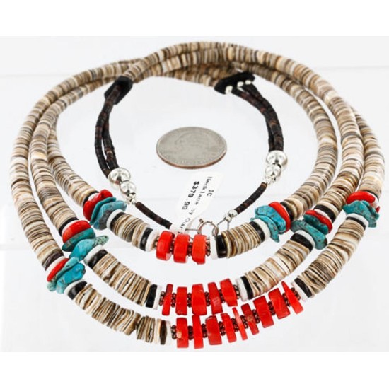 Certified Authentic 3 Strand Navajo .925 Sterling Silver Graduated Melon Shell, Turquoise and Coral Native American Necklace 371065952489