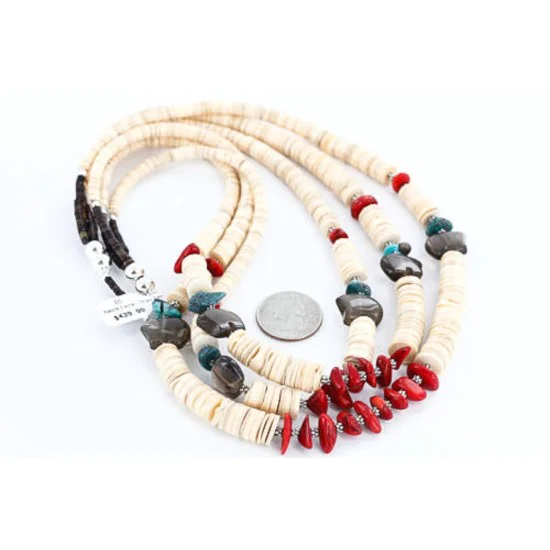 3 Strand Navajo .925 Sterling Silver Heishi and Coral Native American Necklace 390777368973