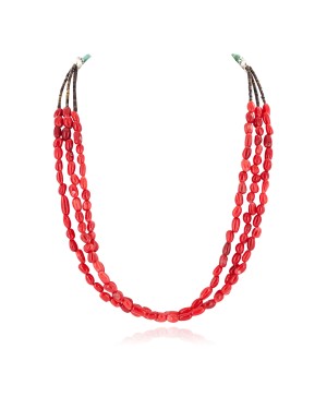 Certified Authentic 3 Strand Navajo .925 Sterling Silver Natural Turquoise and Coral Native American Necklace 16081-1