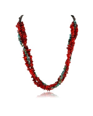 Certified Authentic 3 Strand Navajo .925 Sterling Silver Natural Turquoise and Coral Native American Necklace 390824394992