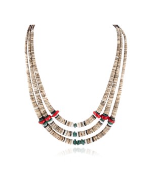 Certified Authentic 3 Strand Navajo .925 Sterling Silver Natural Turquoise Coral Graduated Heishi Native American Necklace 15931-1