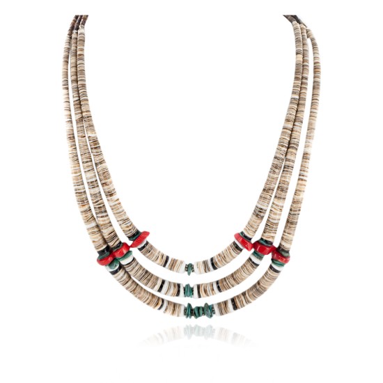Certified Authentic 3 Strand Navajo .925 Sterling Silver Natural Turquoise Coral Graduated Heishi Native American Necklace 15931-1