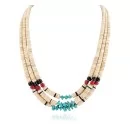 3 Strand Navajo .925 Sterling Silver Natural Turquoise Coral Graduated Melon Shell Native American Necklace 16086-2