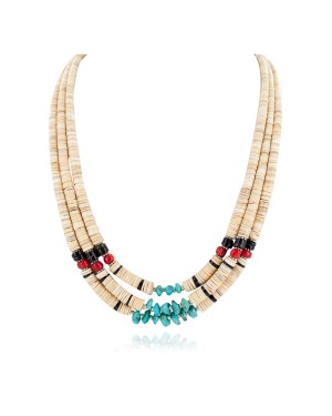 Certified Authentic 3 Strand Navajo .925 Sterling Silver Natural Turquoise Coral Graduated Melon Shell Native American Necklace 16086-2