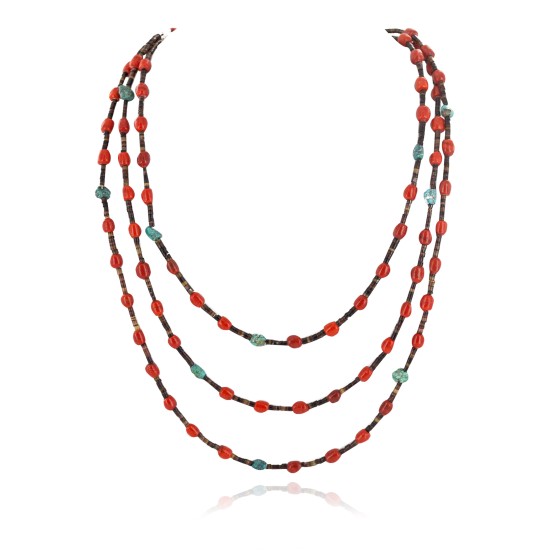 Certified Authentic 3 Strand Navajo .925 Sterling Silver Natural Turquoise Coral Native American Necklace 18110