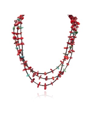 Certified Authentic 3 Strand Navajo .925 Sterling Silver Natural Turquoise Coral Native American Necklace 18117