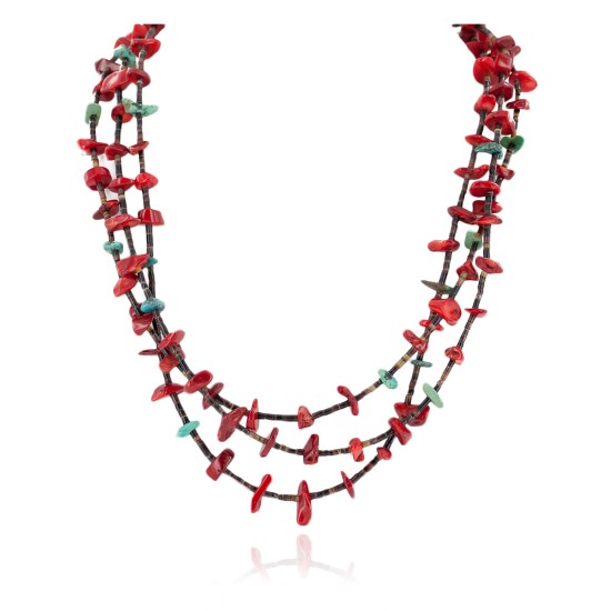 Certified Authentic 3 Strand Navajo .925 Sterling Silver Natural Turquoise Coral Native American Necklace 18117